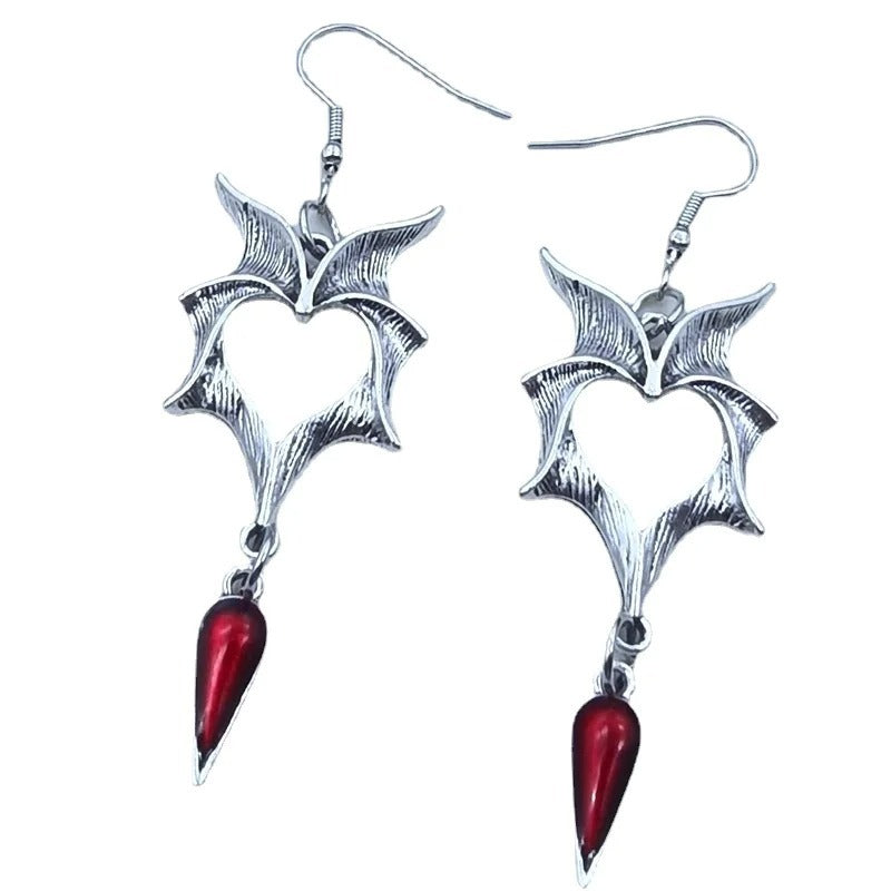 Long Gothic Heart Bat Wing Earrings Red Crystal