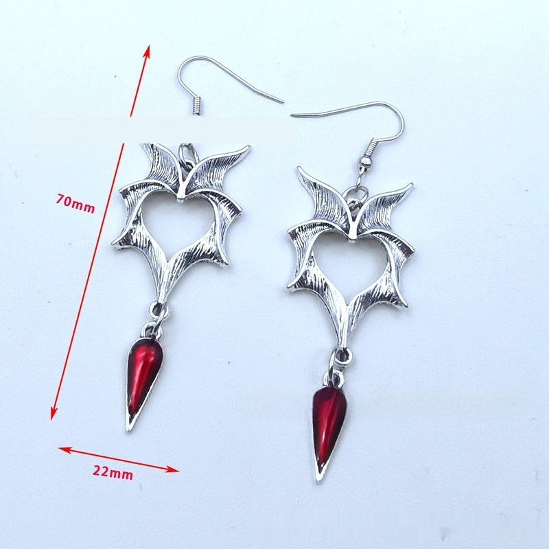 Long Gothic Heart Bat Wing Earrings Red Crystal