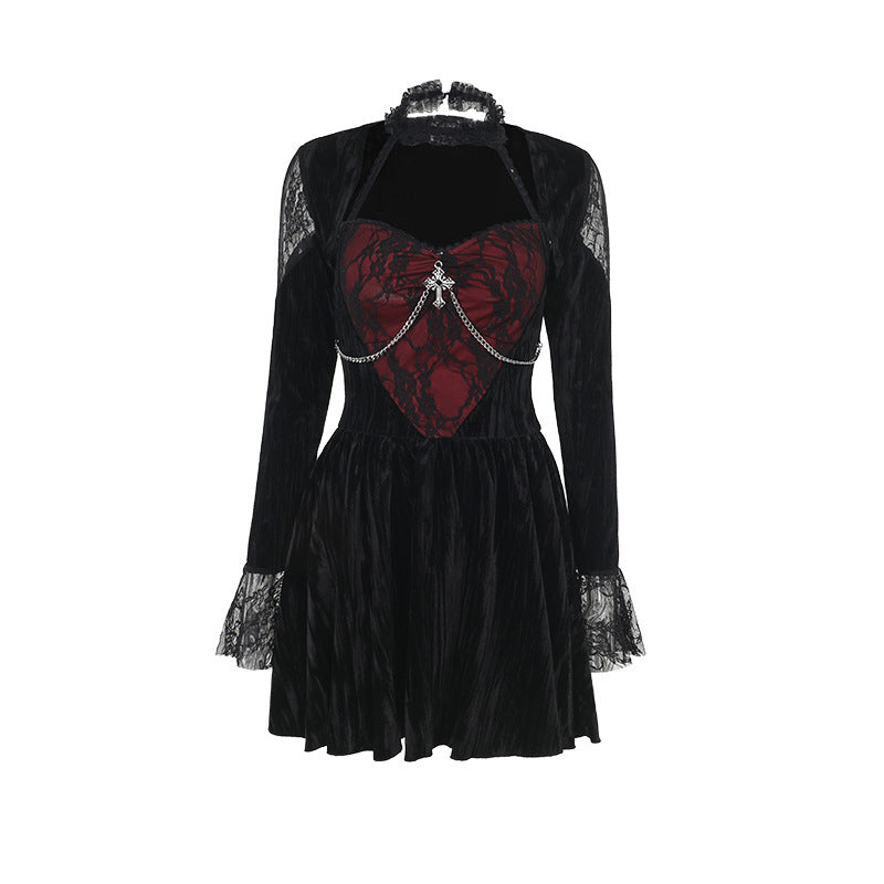 Long Sleeve Goth Dress Mini with Red Lace