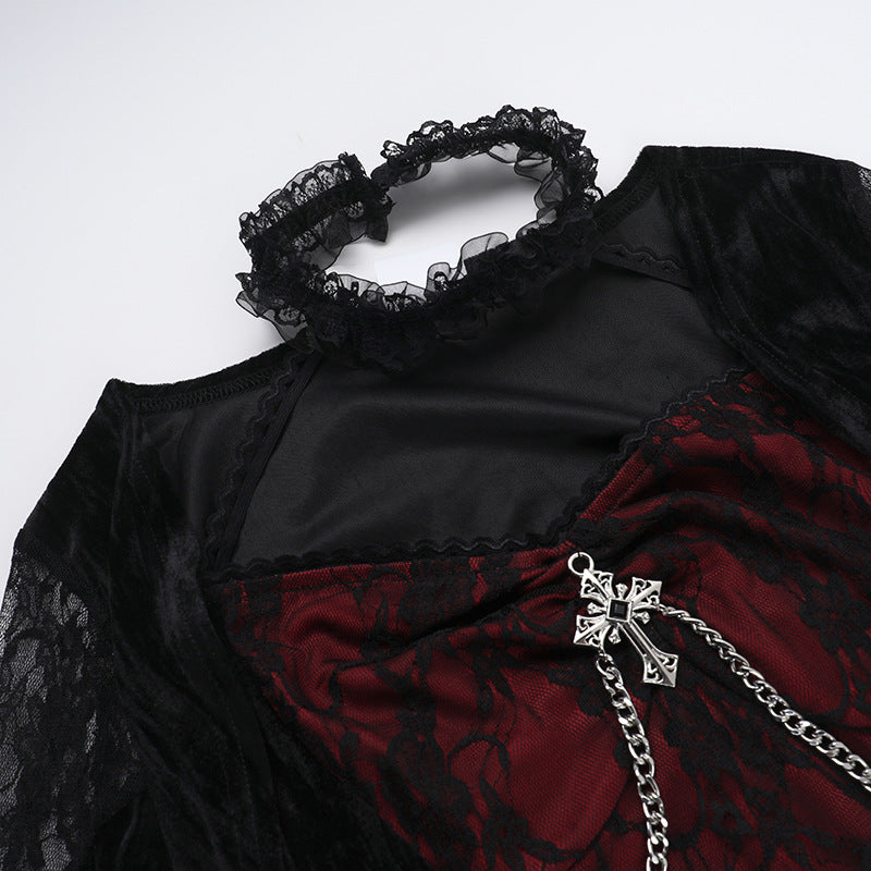 Long Sleeve Goth Dress Mini with Red Lace