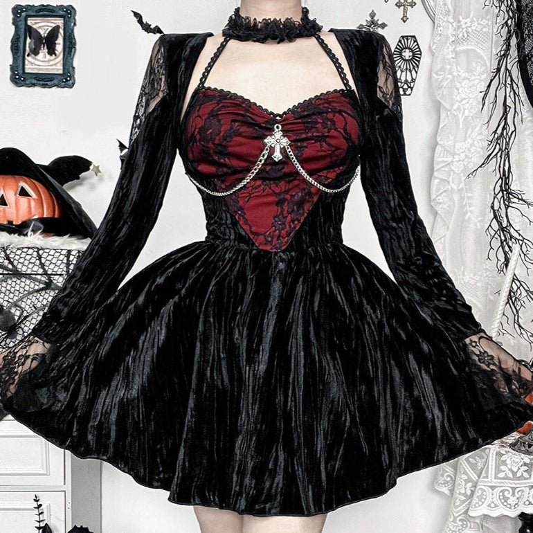 Long Sleeve Goth Dress Mini with Red Lace