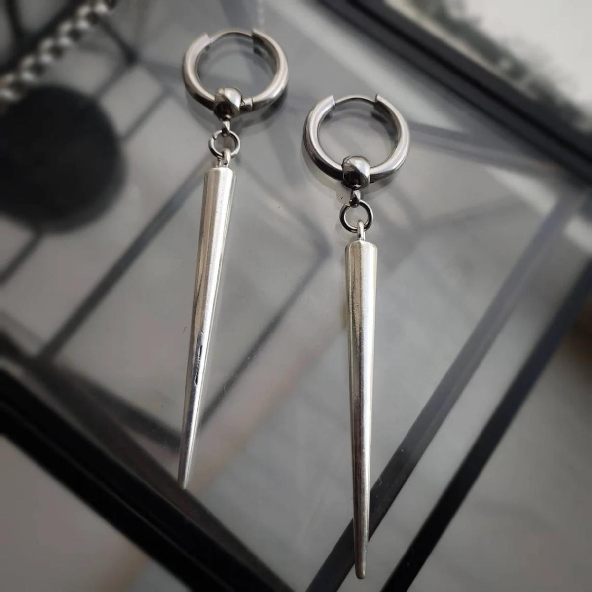 Long Spike Earrings Silver Metal