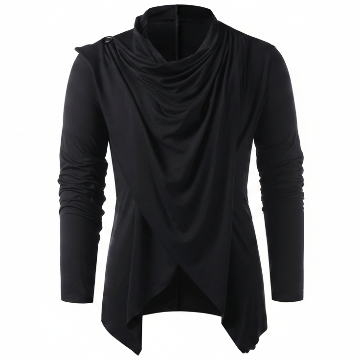 A black long-sleeve draped top with a high mock neck, ruched sleeves, and an asymmetrical wrap-style hem, shown on a plain white background.