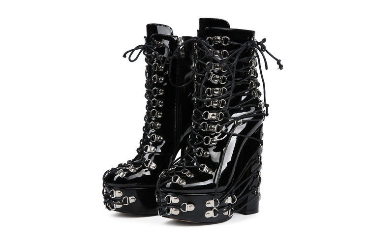 Goth Shiny Latex High Platform Boots for Women