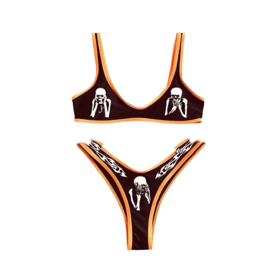 Orange-Black Neon Gothic Skeleton Bikini Set