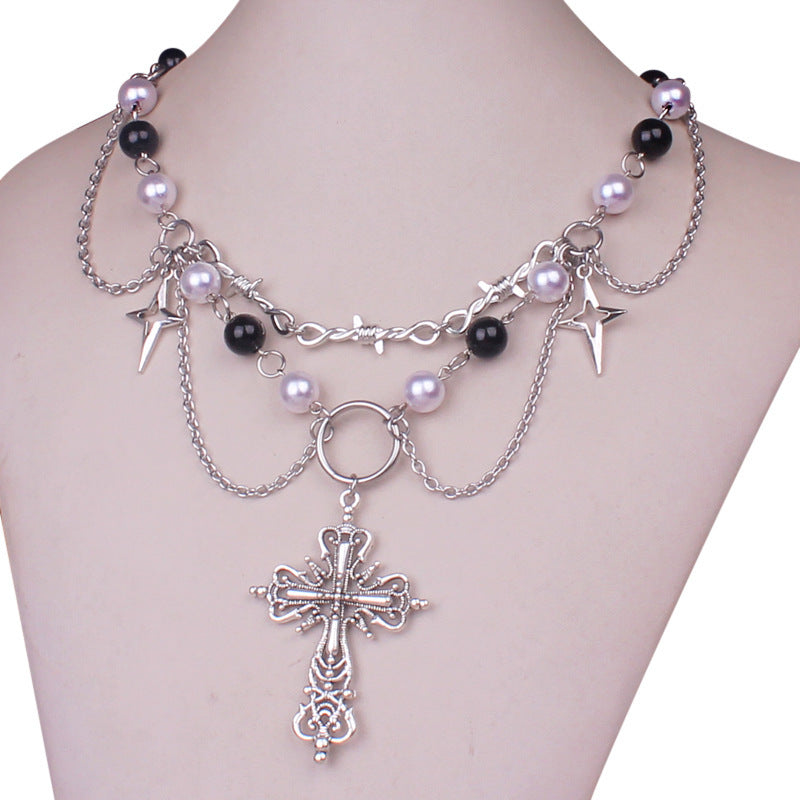 Layered Pearl Cross Star Necklace