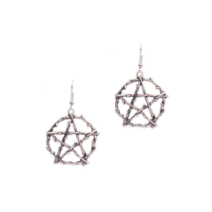 Thorn Pentagram Earrings Silver Metal