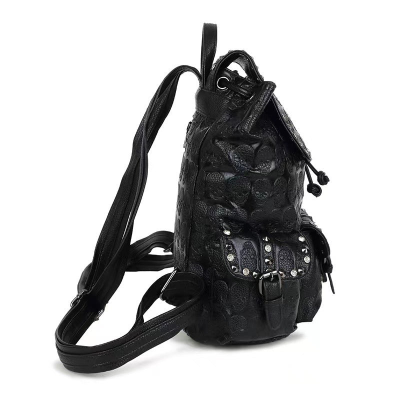 Punk Black Leather Backpack Skull Crystals