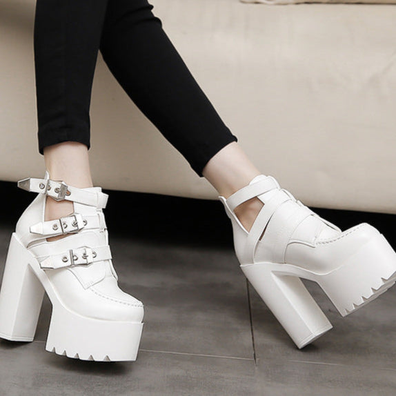 Punk Chunky Ankle High Heel Boots white