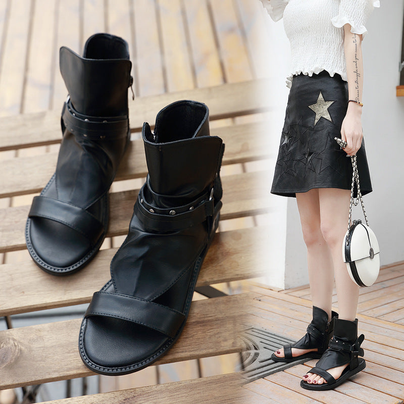 Punk Flat Vegan Leather Sandals Black Women
