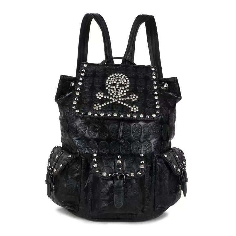 Punk Vegan Black Leather Backpack Skull Crystals