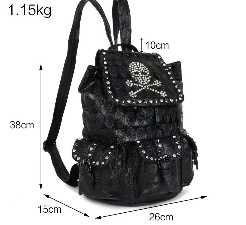 goth Punk Vegan Black Leather Backpack Skull Crystals