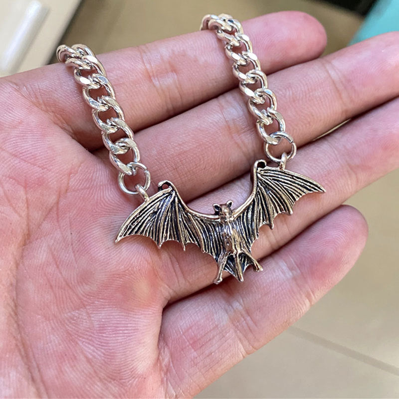 Realistic Silver Steel Bat Goth Necklace