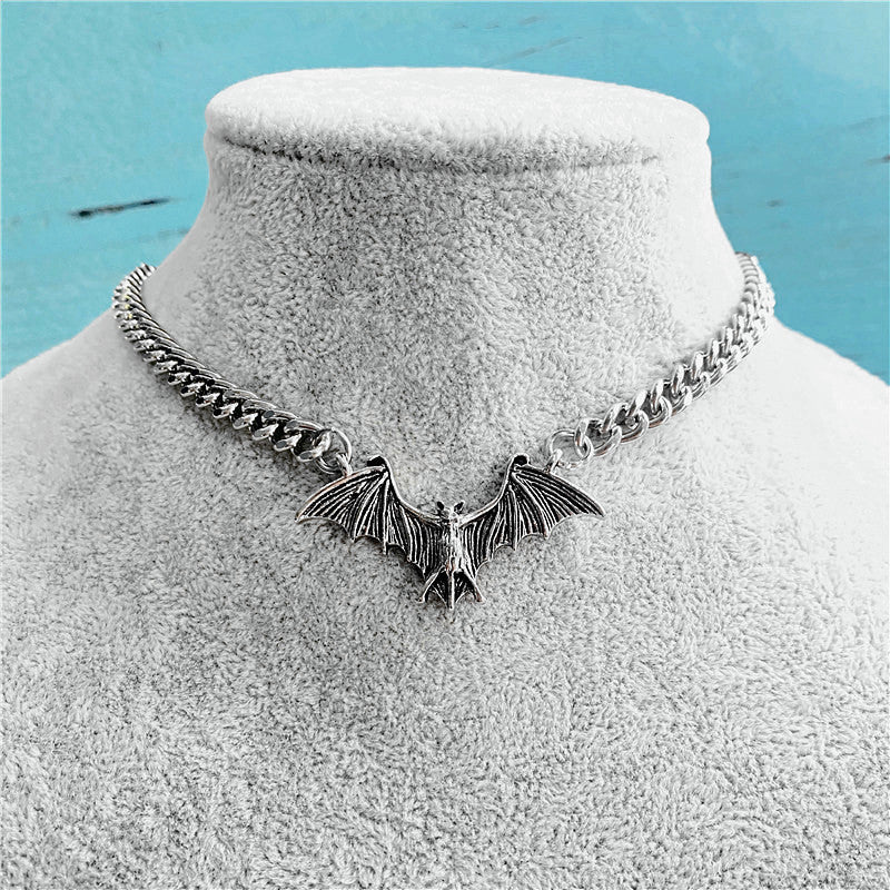 Realistic Silver Steel Bat Goth Necklace