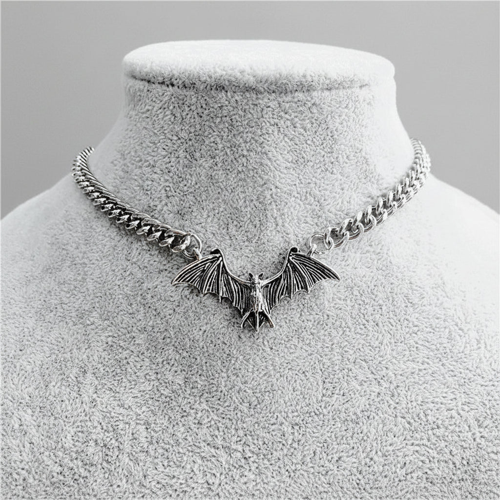 Realistic Silver Steel Bat Goth Necklace