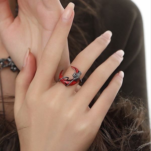 Red Crescent Moon Rose Ring