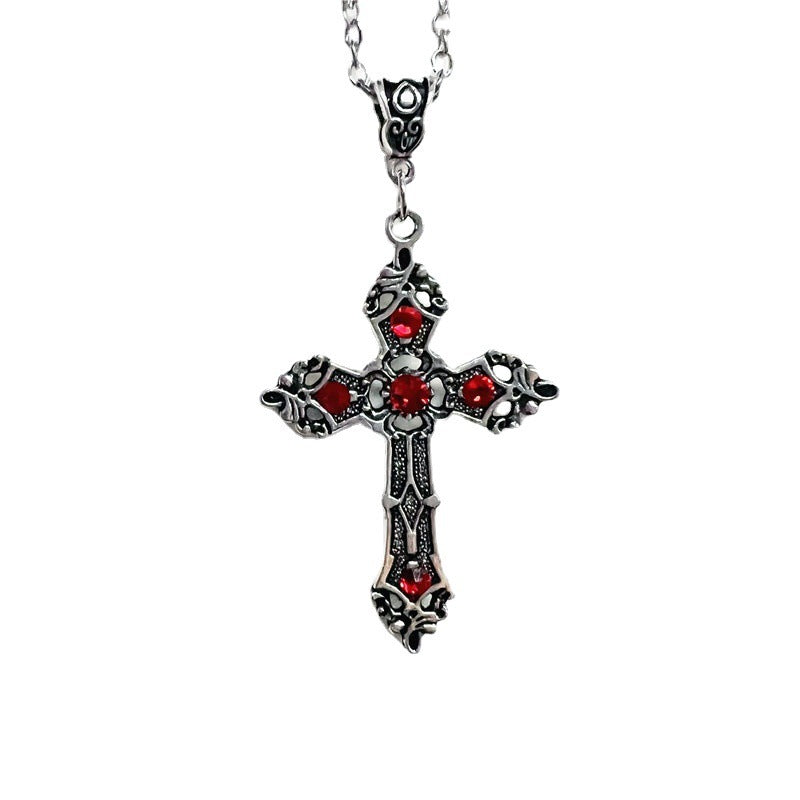 Red Crystal Cross Goth Necklace