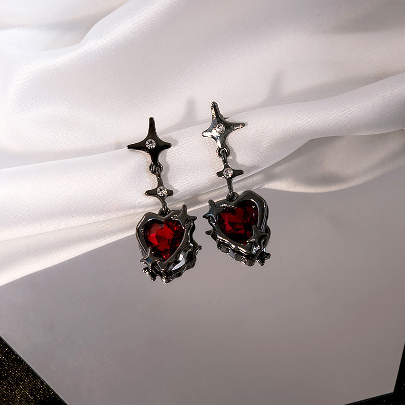 Gothic Red Crystal Heart Earrings Womens