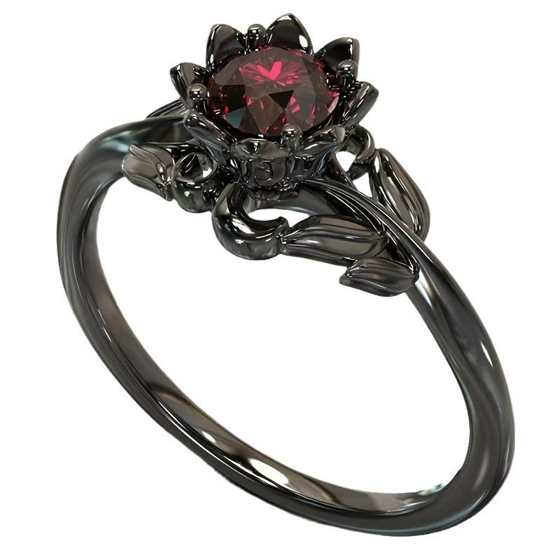Red  Flower Ring Black Steel