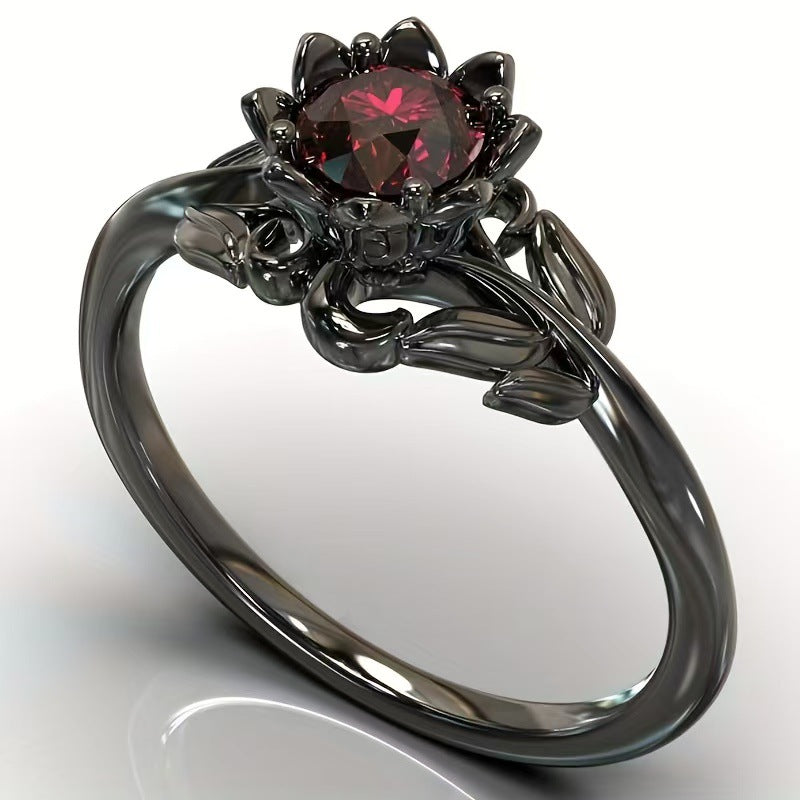 Red Gemstone Flower Ring Black Steel