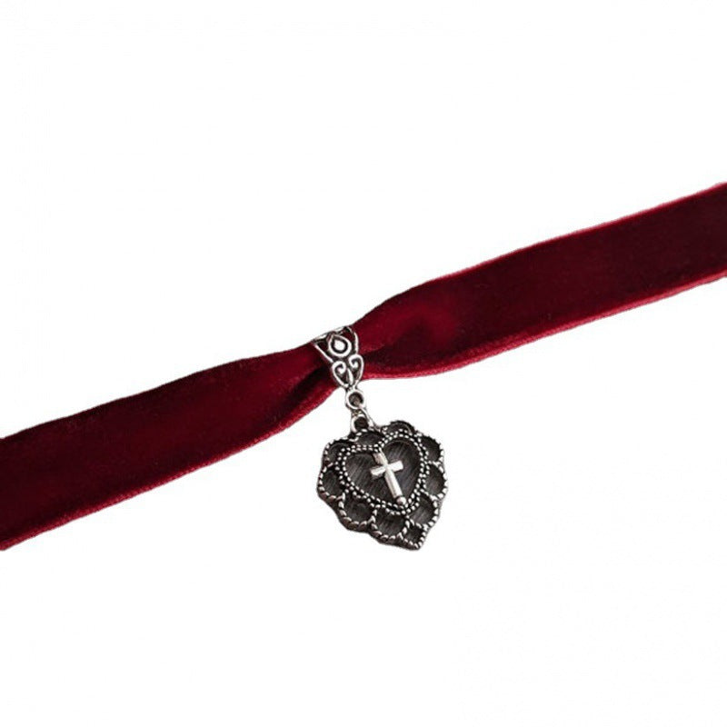 Red Gothic Velvet Collar Heart Cross Choker