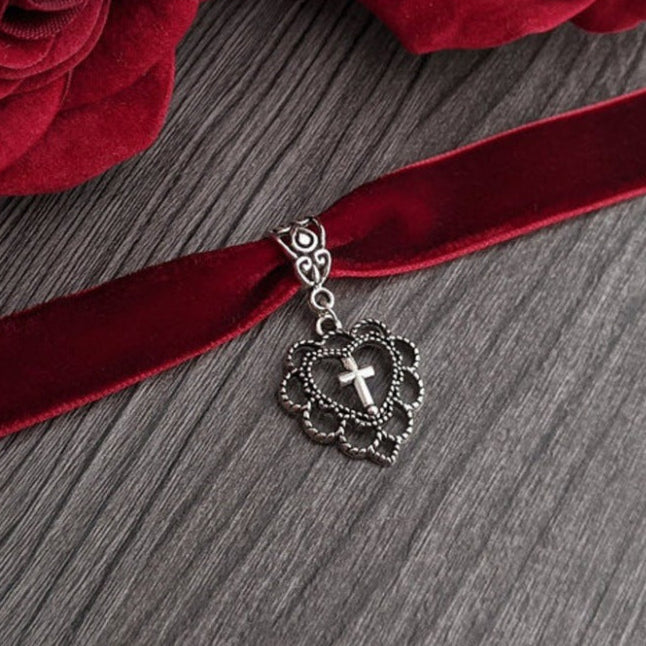 Red Gothic Velvet Collar Heart Cross Choker