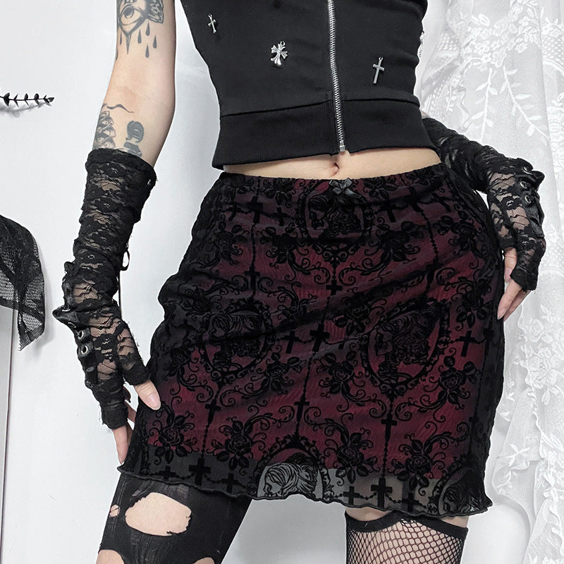 Deep Red Pattern Lace Gothic Short Skirt