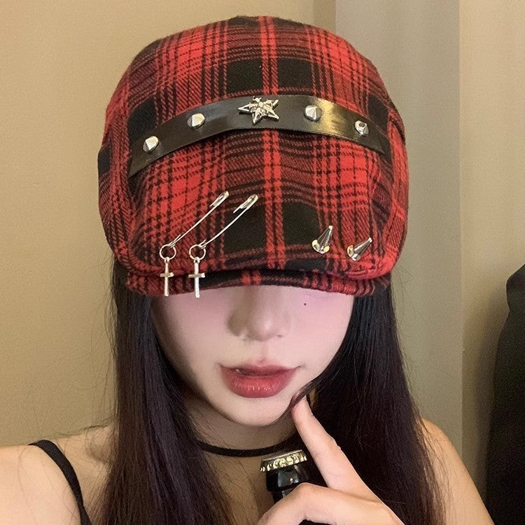 Red Plaid Goth Hat with Crosses