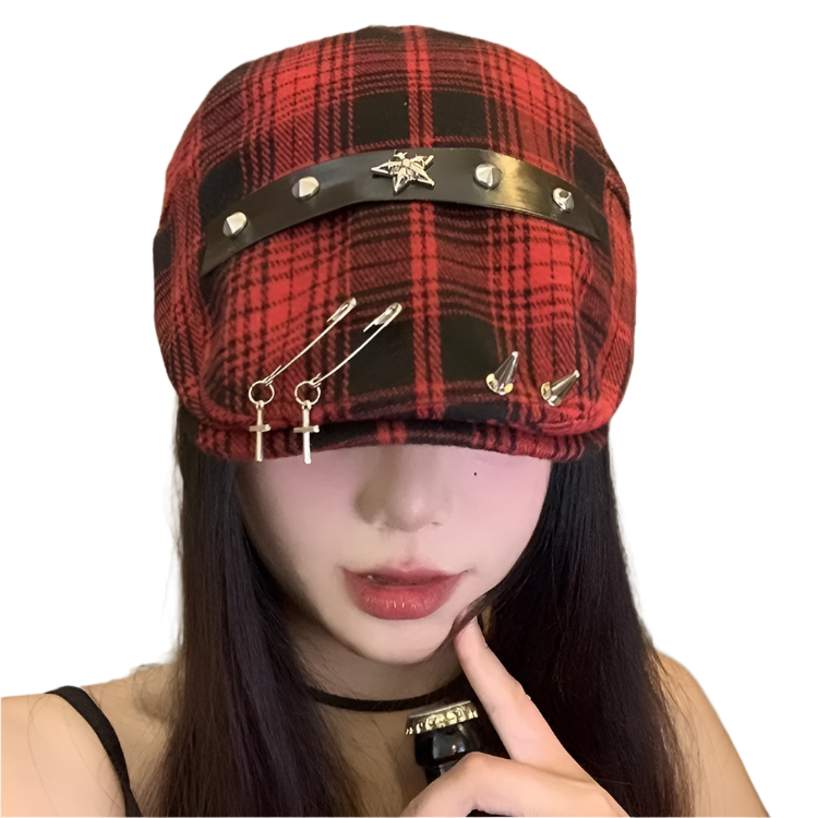 Red Plaid Goth Hat with Crosses