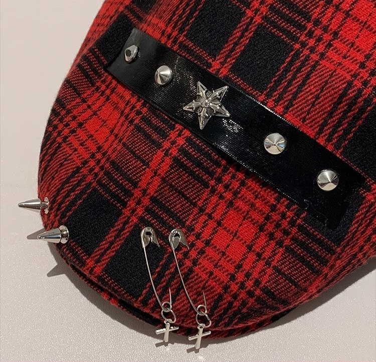 Red Plaid Goth Hat with Crosses