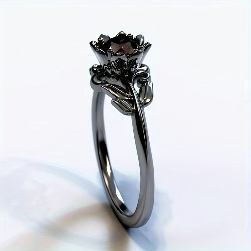 Red Gemstone Flower Ring Black Steel