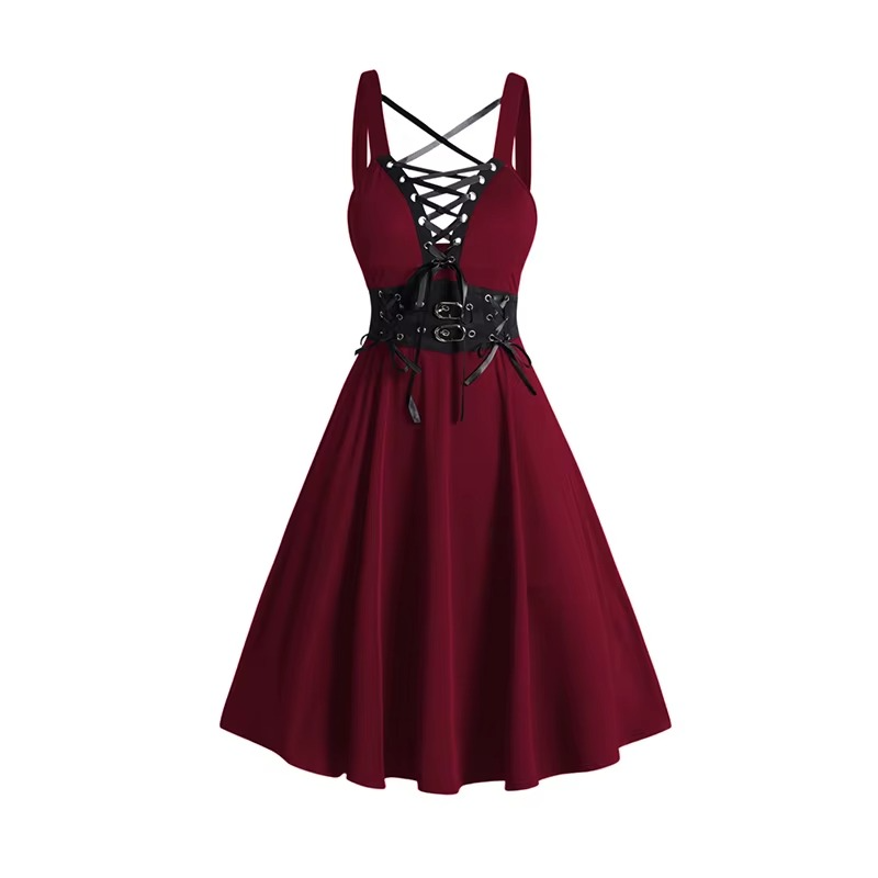 Red dress with black lace-up straps and belt on a white background