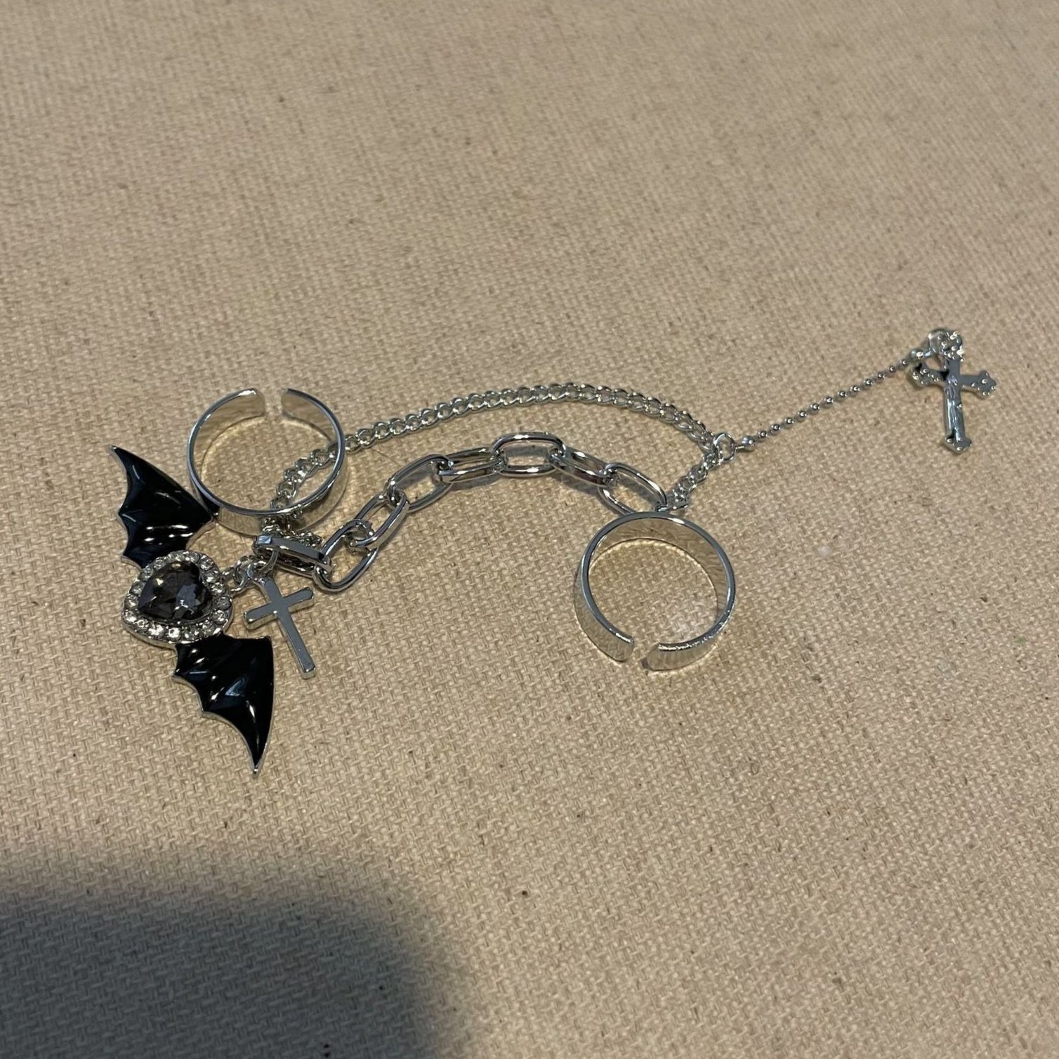 Gothic Hand Jewelry Rings Chain Set Heart Bat