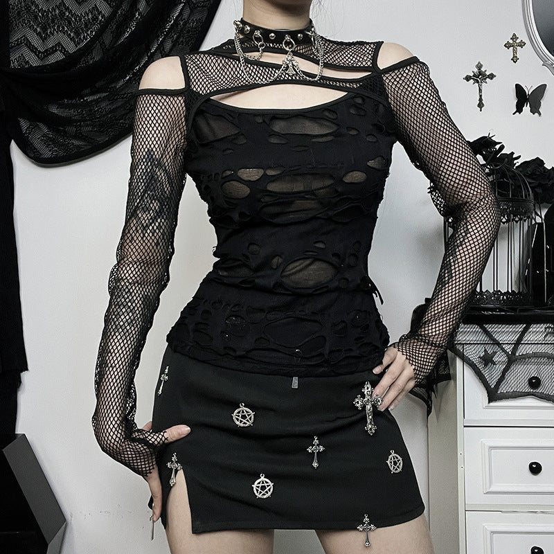 Ripped Fishnet Long Sleeve Top