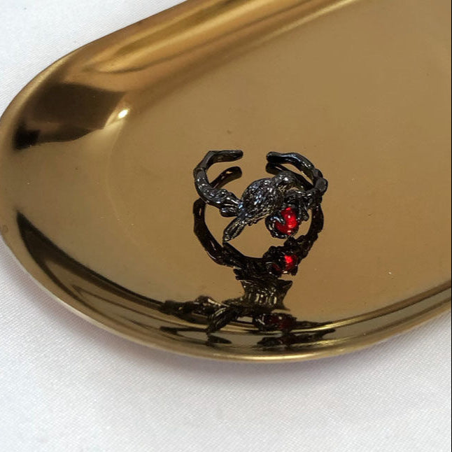 Romantic Goth Crow Ring with Red Gemstone Womens