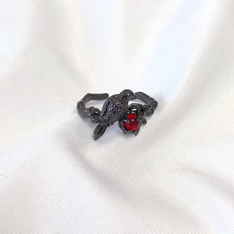 Romantic Goth Crow Ring with Red Gemstone Women