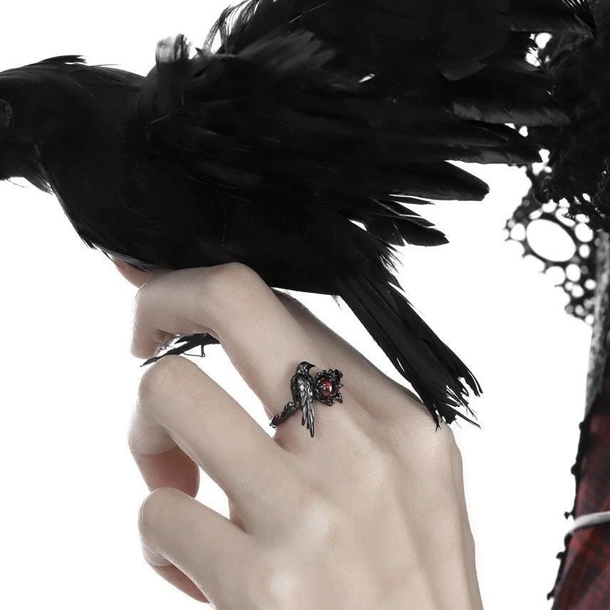 Romantic Goth Ring with Red Gemstone Womens