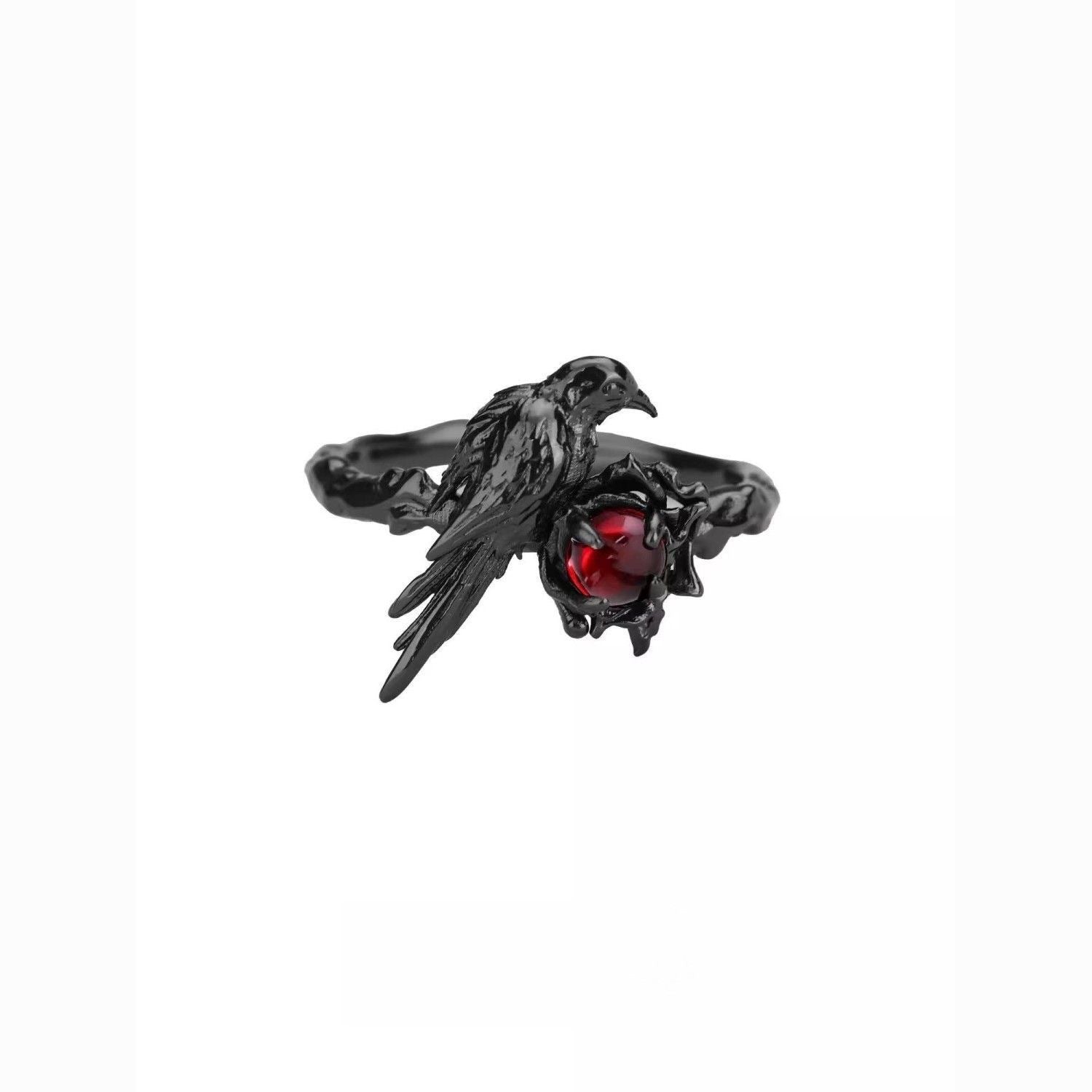 Romantic Goth Crow Ring with Red Gemstone Womens