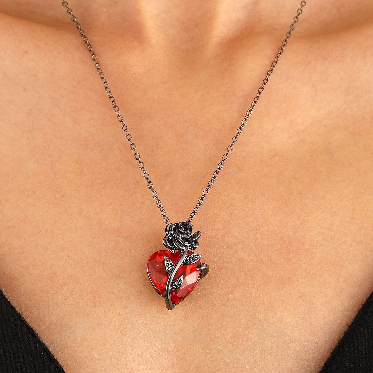Rose Flower Red Heart Necklace