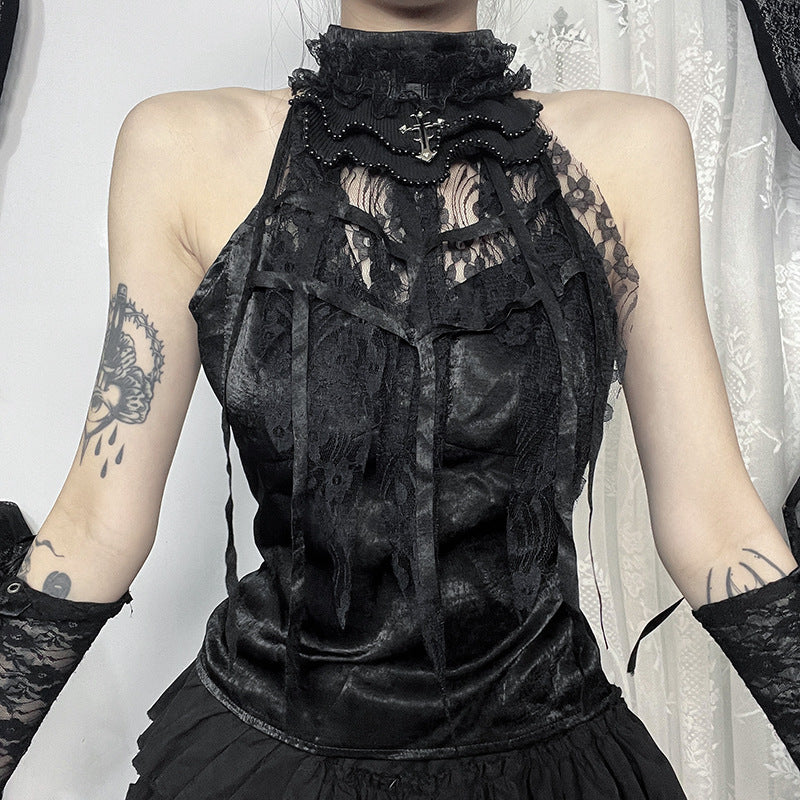 Satin Gothic Halter Top High Neck