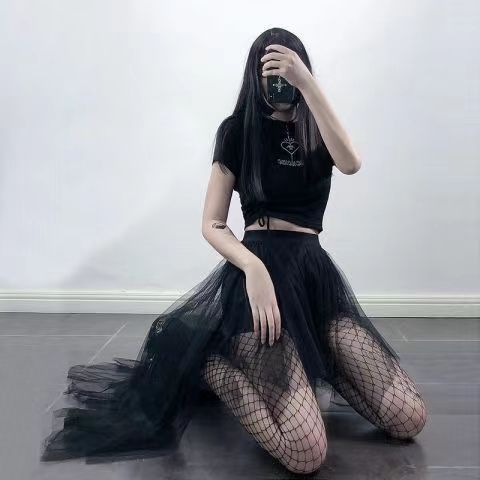 Sheer Goth Asymmetrical Black Puffy Skirt