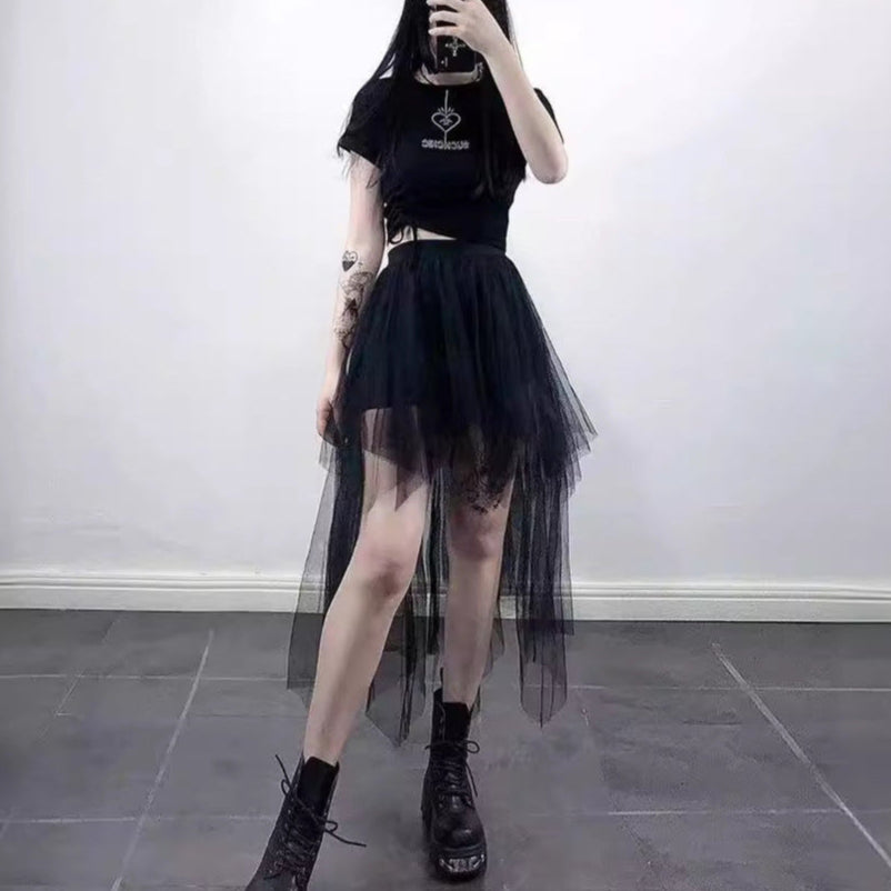 Sheer Goth Asymmetrical Black Puffy Skirt