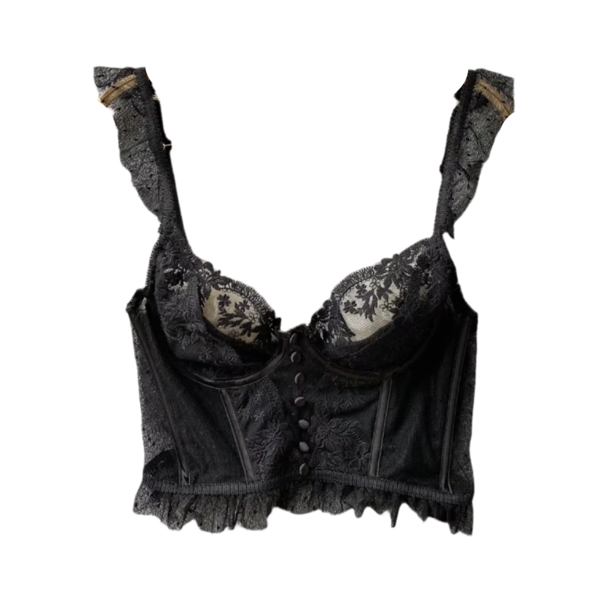 Shop the Goth Bustier Bralette – a unique dark gothic, witchy, punk and alternative piece made from soft, breathable polka dot lace with spandex. Available in black or white, flattering, comfy, quick-drying. Perfect for alt outfits.