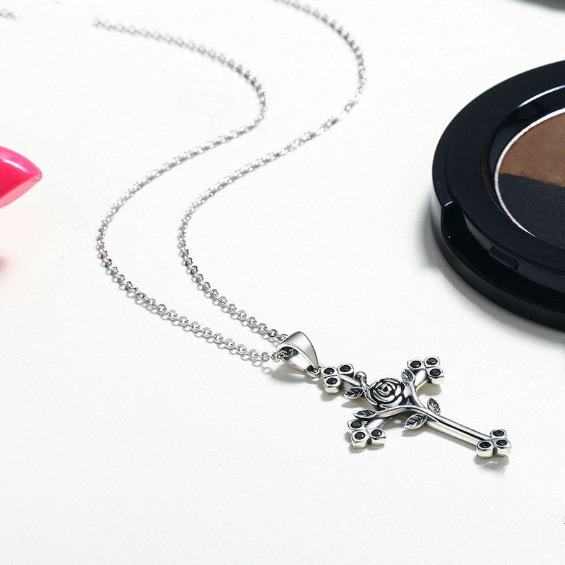 S925 Silver Gothic Rose Cross Necklace