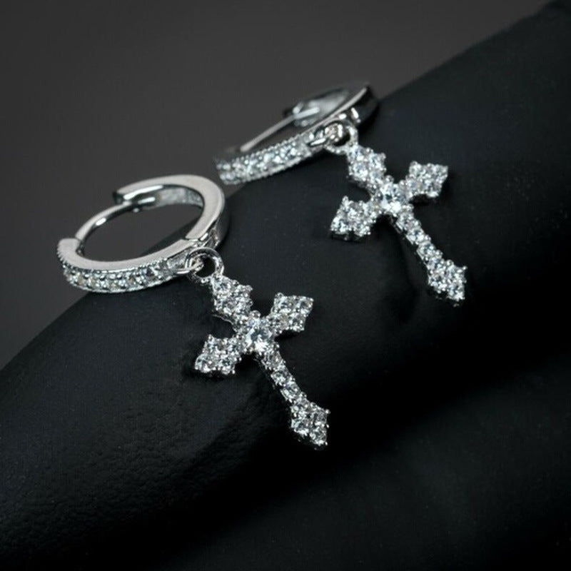 Silver Rhinestone Cross Earrings