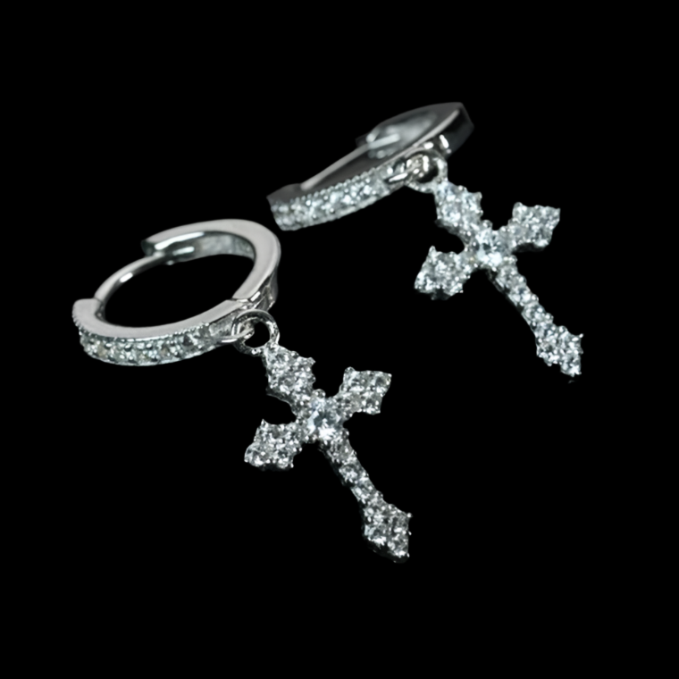 Silver Rhinestone Cross Earrings
