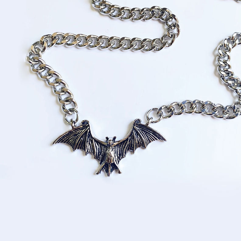 Realistic Silver Steel Bat Goth Necklace