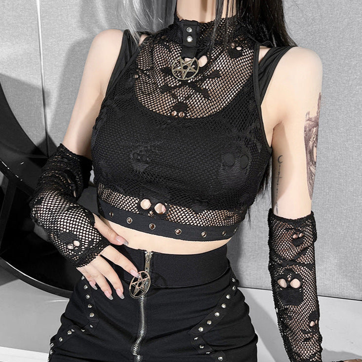 Skull Crop Top with Fishnet Gloves