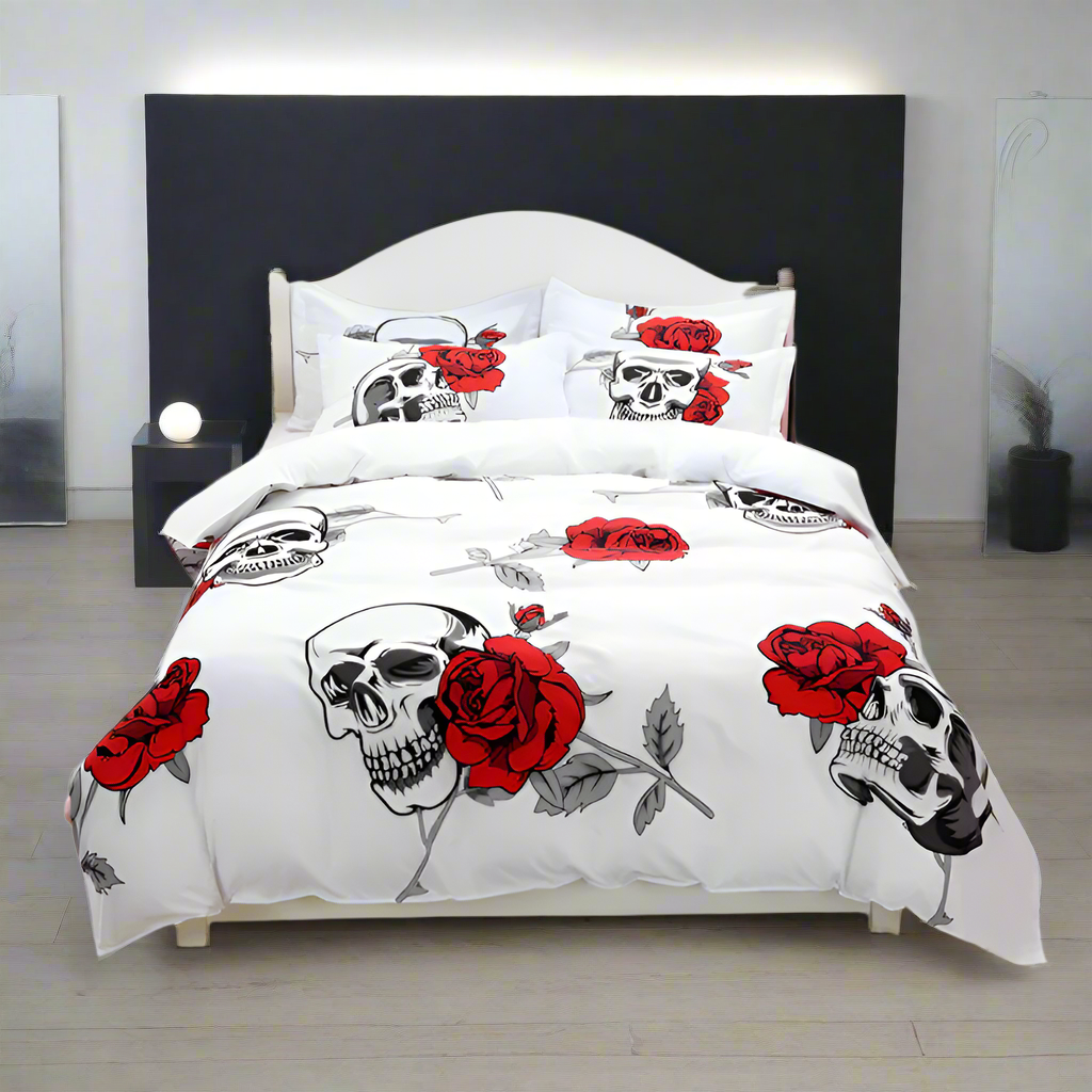Skull with Red Roses White Quilt Cover Set