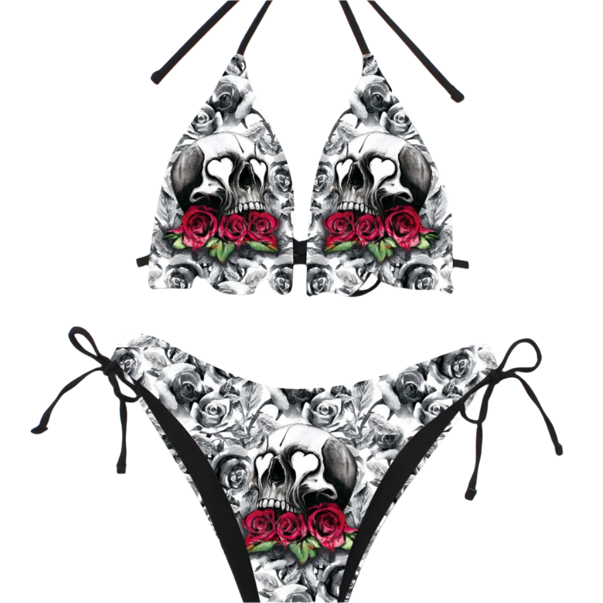 Skull with Red Roses Goth Beachwear Set Womens